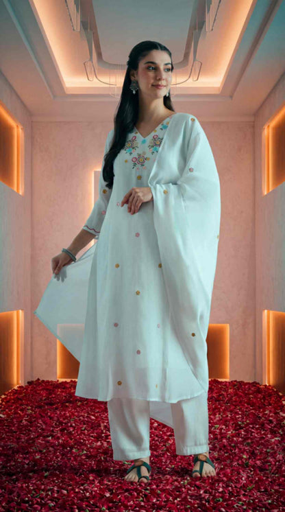 [Ready SG Stock] White Mul-Cotton Blend Soft Floral Embroidered 3 Pcs Punjabi Suit with Linings [Indian Dresses]
