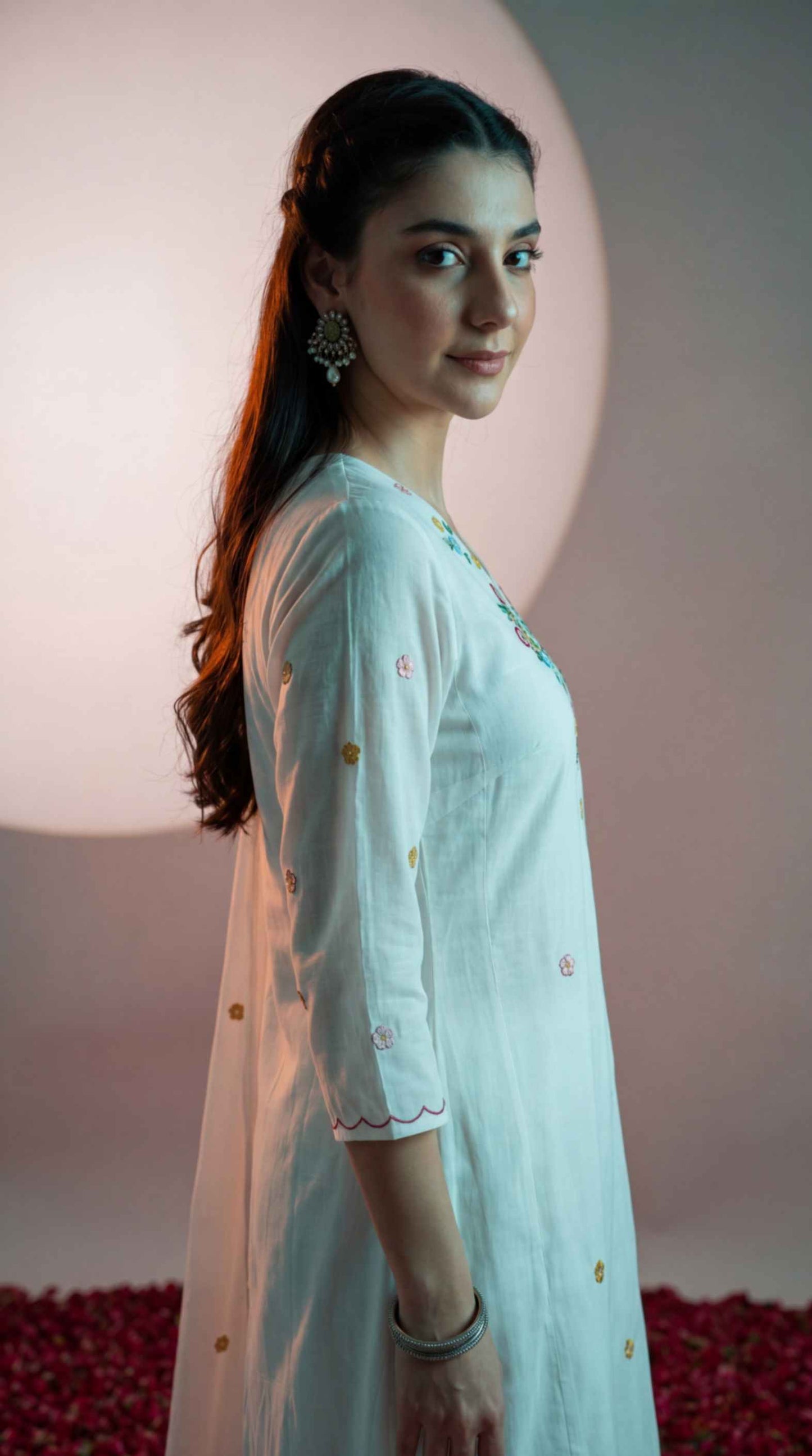 [Ready SG Stock] White Mul-Cotton Blend Soft Floral Embroidered 3 Pcs Punjabi Suit with Linings [Indian Dresses]