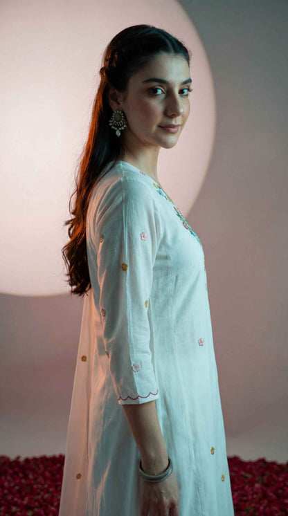 [Ready SG Stock] White Mul-Cotton Blend Soft Floral Embroidered 3 Pcs Punjabi Suit with Linings [Indian Dresses]