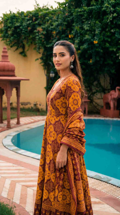 [Ready SG Stock] Mustard Yellow Printed Cotton Anarkali Kurta Pant With Dupatta Set [Indian Dresses]