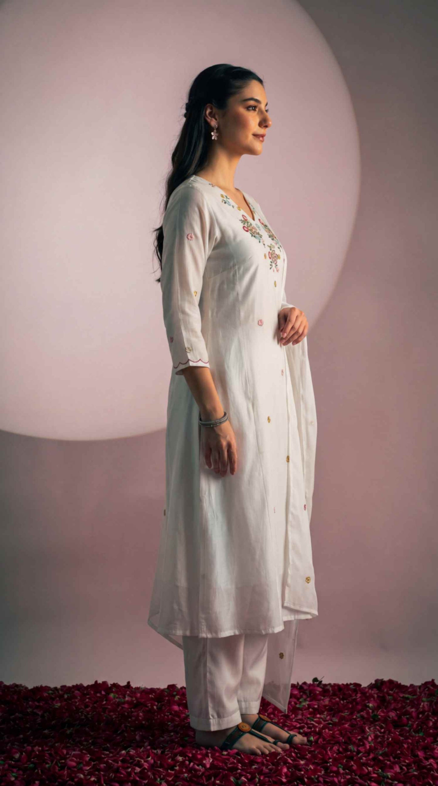 [Ready SG Stock] White Mul-Cotton Blend Soft Floral Embroidered 3 Pcs Punjabi Suit with Linings [Indian Dresses]