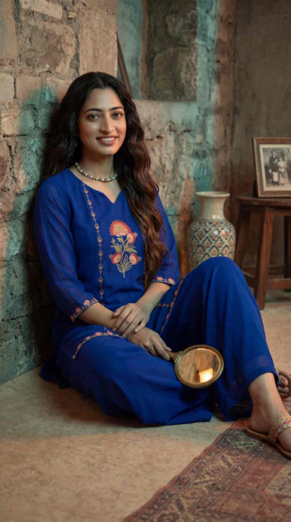 [Ready SG Stock] Royal Blue Subtle Embroidered Georgette Kurta Palazzo / Co-Ord Set with Linings [ Indian Dresses ]