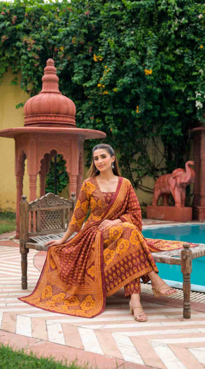 [Ready SG Stock] Mustard Yellow Printed Cotton Anarkali Kurta Pant With Dupatta Set [Indian Dresses]