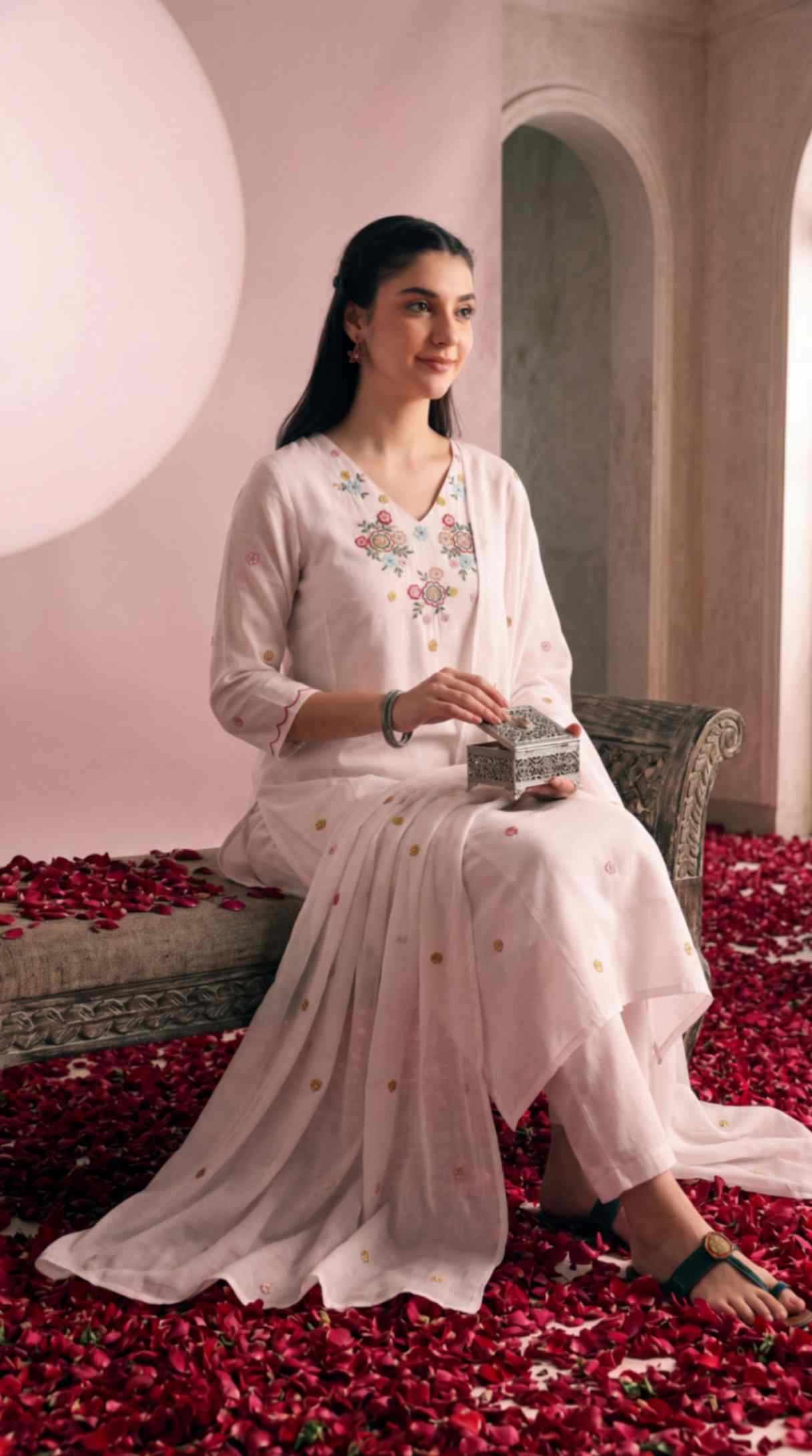 [Ready SG Stock] White Mul-Cotton Blend Soft Floral Embroidered 3 Pcs Punjabi Suit with Linings [Indian Dresses]