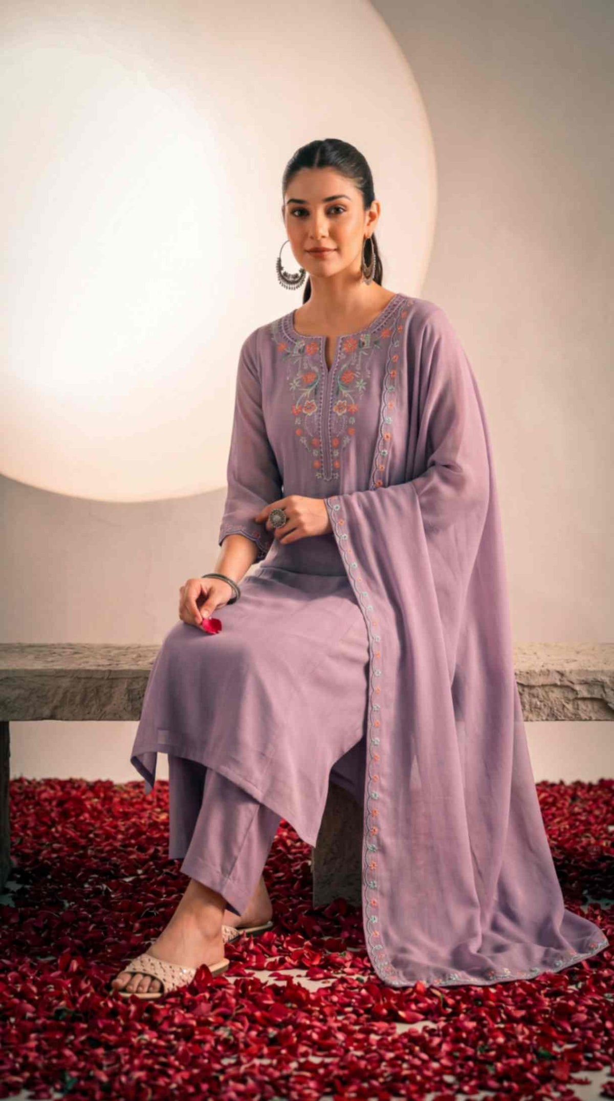 [Ready SG Stock] Pastel Lavender Mul Chanderi Embroidered 3 Pcs Punjabi Suit with Linings [Indian Dresses]