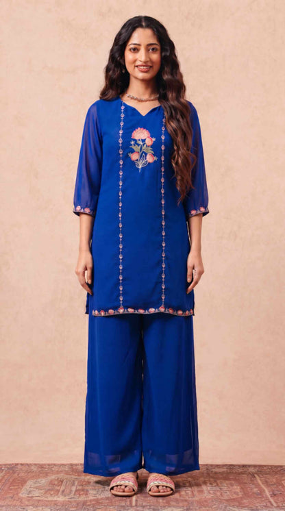 [Ready SG Stock] Royal Blue Subtle Embroidered Georgette Kurta Palazzo / Co-Ord Set with Linings [ Indian Dresses ]