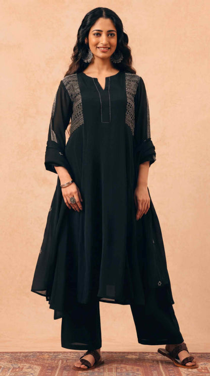 [Ready SG Stock] Black Mul Chanderi Embroidered Anarkali Kurta Pant With Dupatta [Indian Dresses]