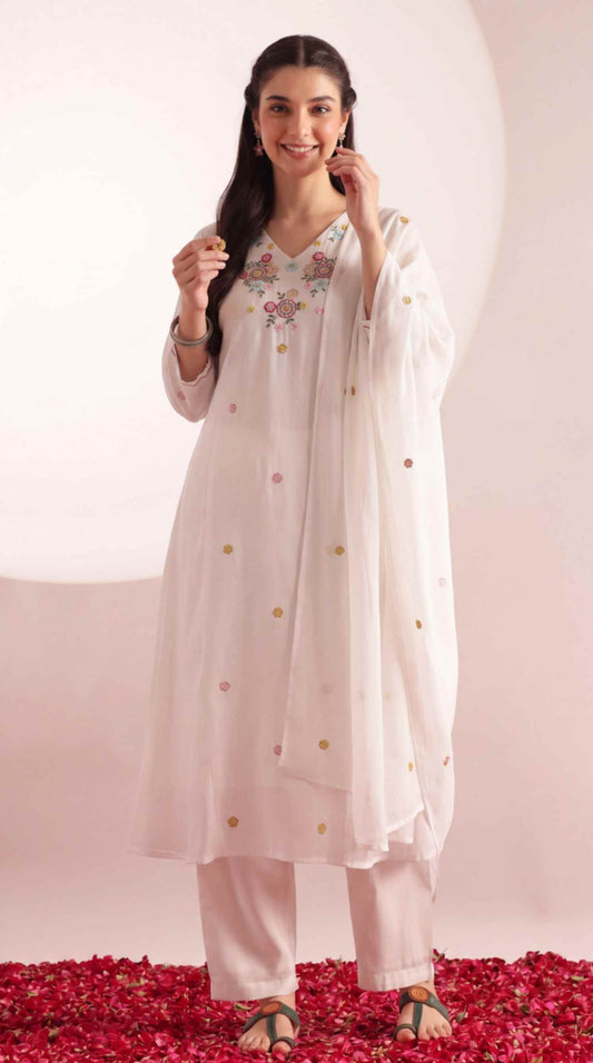 [Ready SG Stock] White Mul-Cotton Blend Soft Floral Embroidered 3 Pcs Punjabi Suit with Linings [Indian Dresses]