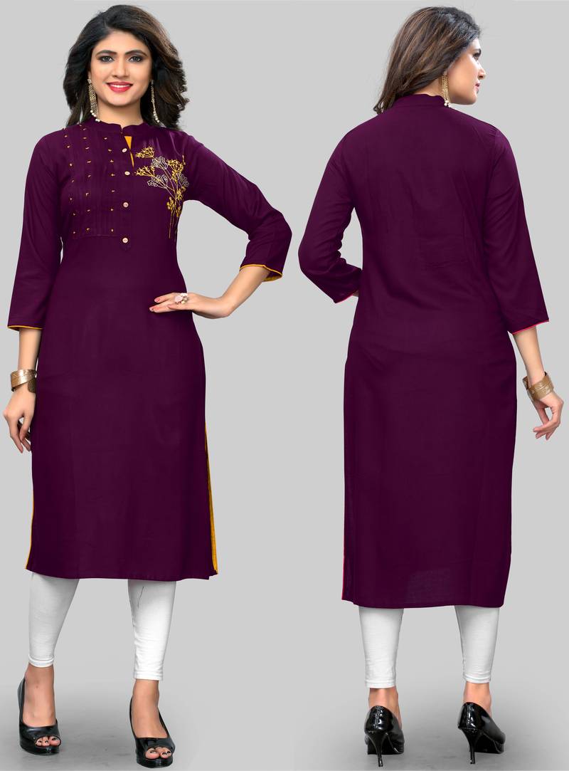 [Ready SG Stock] EMBROIDERED STRAIGHT RAYON PURPLE KURTI- Indian Dresses Casual Womenswear