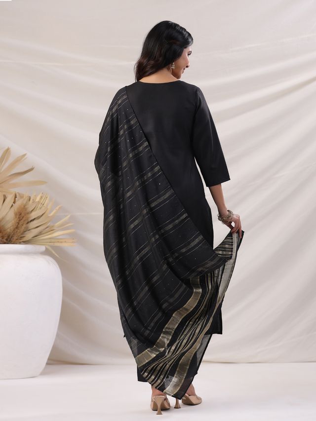 [ Ready SG Stock ] Black Cotton Blend Yoke Embroidery Straight Kurta 3 Pcs Punjabi Suit with Dupatta [ Indian Dresses ]