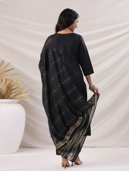 [ Ready SG Stock ] Black Cotton Blend Yoke Embroidery Straight Kurta 3 Pcs Punjabi Suit with Dupatta [ Indian Dresses ]