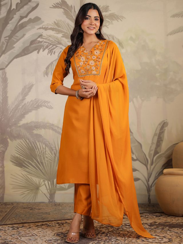 [ Ready SG Stock ] Mustard Cotton Blend Yoke Embroidered Straight Kurta Set Punjabi Suit with Dupatta [ Indian Dresses ]