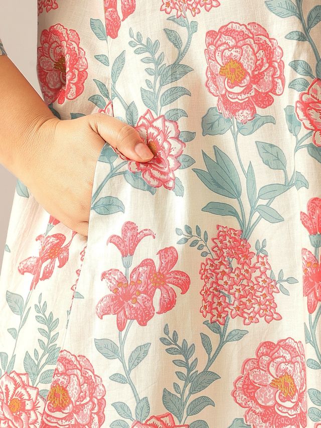 [Ready SG Stock] Plus Size Off White Pure Cotton Floral A-line Only Top \ Tunic  [ Casual Indian Dresses ]