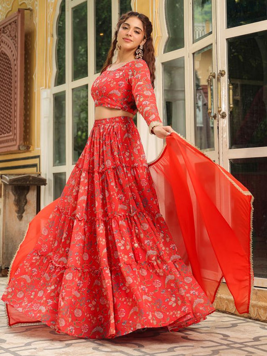 [Ready SG Stock] Red Georgette Floral Printed Tiered Lehenga Choli Set [ Indian Dresses ]