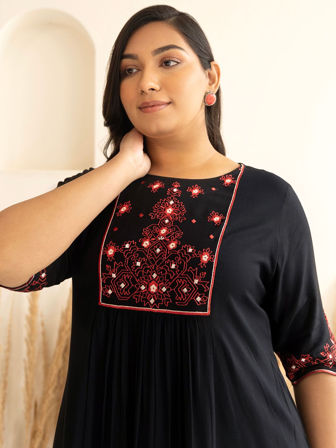 [Ready SG Stock] Plus Size Black Rayon Yoke Embroidered A-line Only kurta [Indian Dresses]