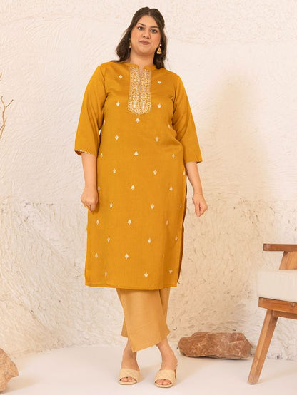 [Ready SG Stock] Plus Size Mustard Crepe Silk Blend Embroidered Straight kurti \ Only Top [ Indian Dresses ]