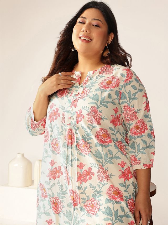 [Ready SG Stock] Plus Size Off White Pure Cotton Floral A-line Only Top \ Tunic  [ Casual Indian Dresses ]
