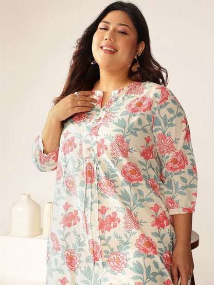 [Ready SG Stock] Plus Size Off White Pure Cotton Floral A-line Only Top \ Tunic  [ Casual Indian Dresses ]