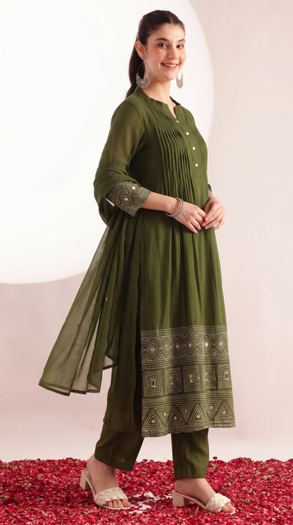 [Ready SG Stock] Olive Green Mul Chanderi Embroidered 3 Pcs Punjabi Suit with Linings [Indian Dresses]