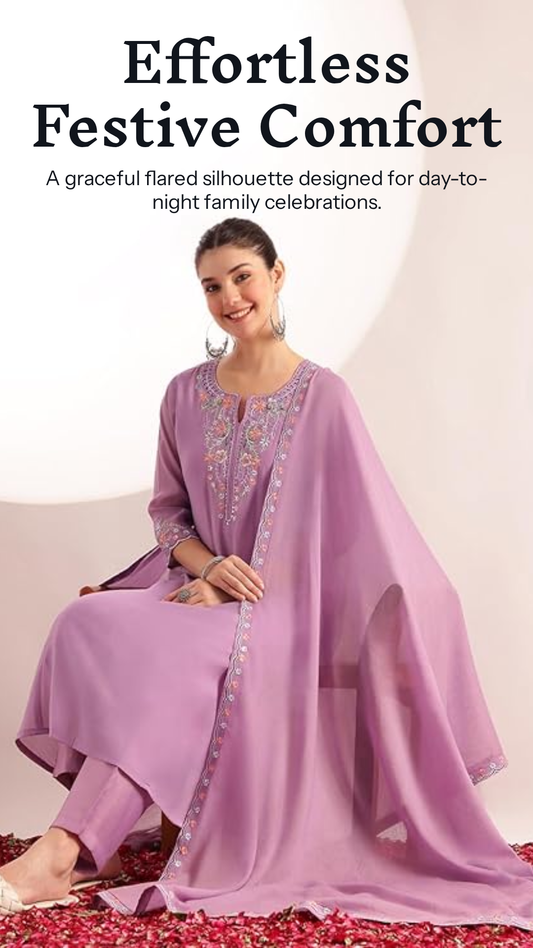 [Ready SG Stock] Pastel Lavender Mul Chanderi Embroidered 3 Pcs Punjabi Suit with Linings [Indian Dresses]
