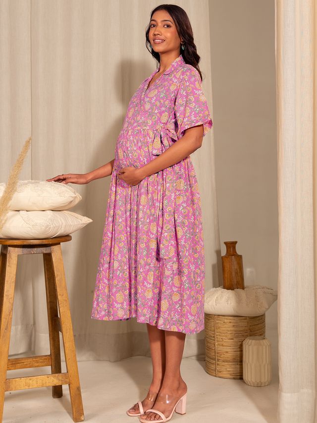 [Ready SG Stock] Maternity Wear Pink Cotton Floral Wrap Dress- Indian Dresses