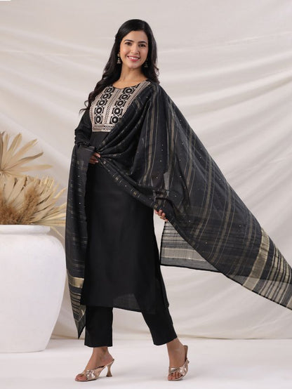 [ Ready SG Stock ] Black Cotton Blend Yoke Embroidered Straight Kurta Set Punjabi Suit with Dupatta [ Indian Dresses ]