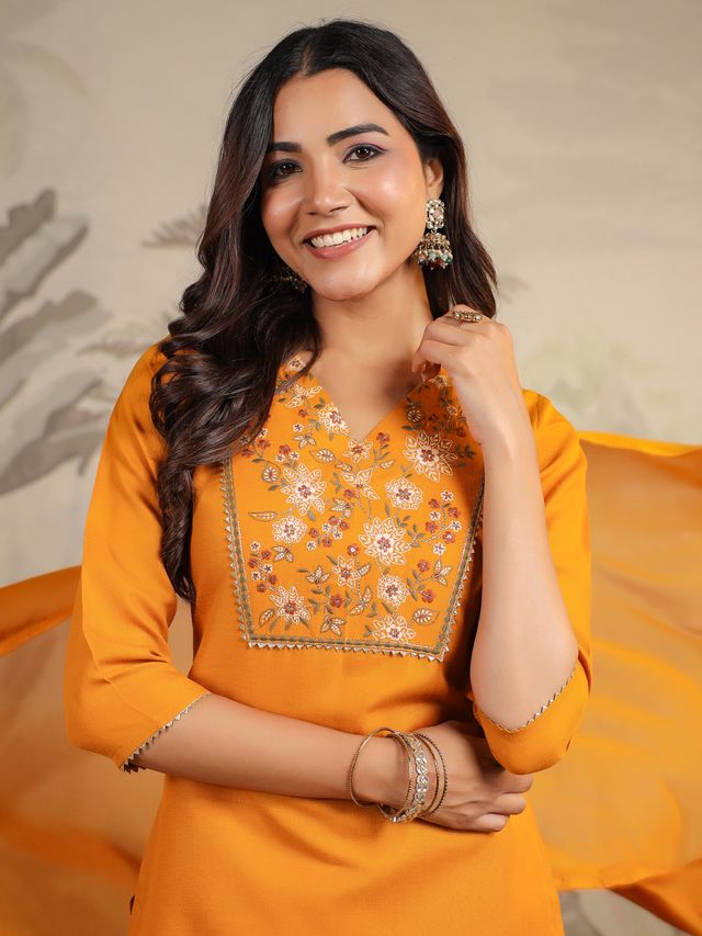[ Ready SG Stock ] Mustard Cotton Blend Yoke Embroidered Straight Kurta Set Punjabi Suit with Dupatta [ Indian Dresses ]