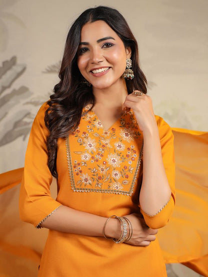 [ Ready SG Stock ] Mustard Cotton Blend Yoke Embroidered Straight Kurta Set Punjabi Suit with Dupatta [ Indian Dresses ]