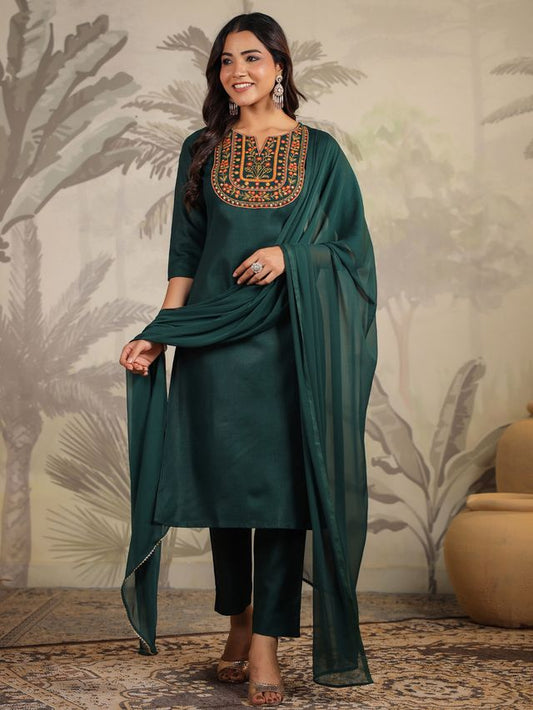 [ Ready SG Stock ] Dark Green Cotton Blend Yoke Embroidered Straight Kurta Set Punjabi Suit with Dupatta [ Indian Dresses ]
