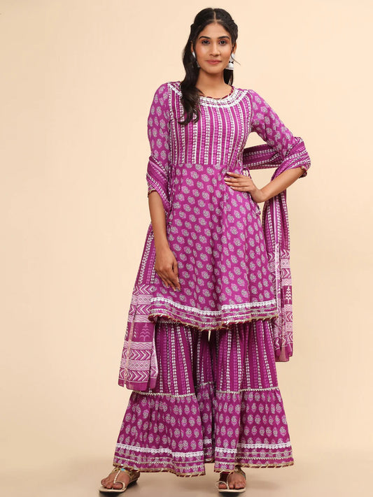 [Ready SG Stock] Flared Cotton Purple Sharara Dress 3 Pcs Kurti Sharara & Dupatta [ Indian Dresses ]