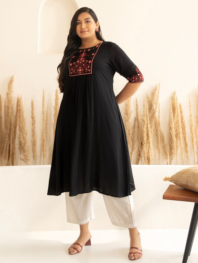 [Ready SG Stock] Plus Size Black Rayon Yoke Embroidered A-line Only kurta [Indian Dresses]