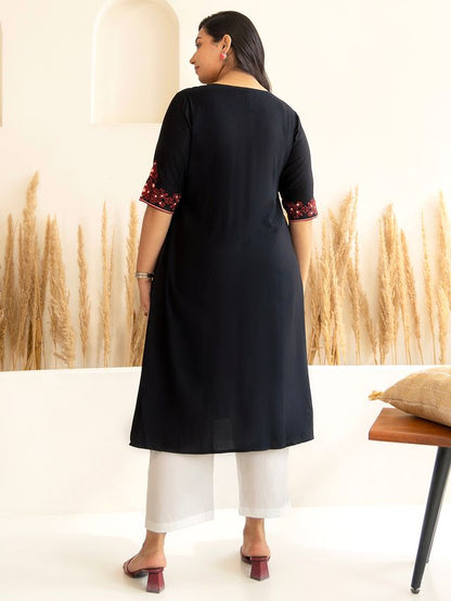 [Ready SG Stock] Plus Size Black Rayon Yoke Embroidered A-line Only kurta [Indian Dresses]